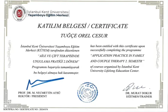 Klinik Psikolog Tuğçe Orel Cesur sertifika belgesi