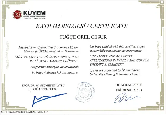 Klinik Psikolog Tuğçe Orel Cesur eğitim sertifikası